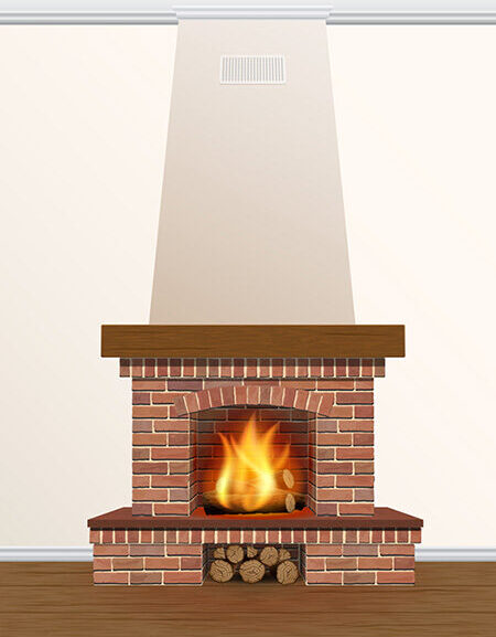 Illustration of Brick Fireplace with wood burning in it 